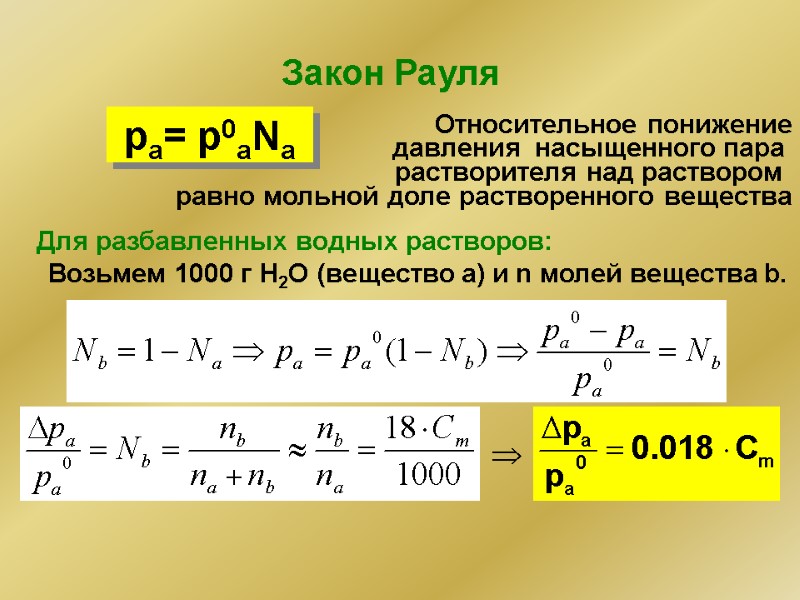 pa= p0aNa Закон Рауля Относительное понижение давления  насыщенного пара  растворителя над раствором